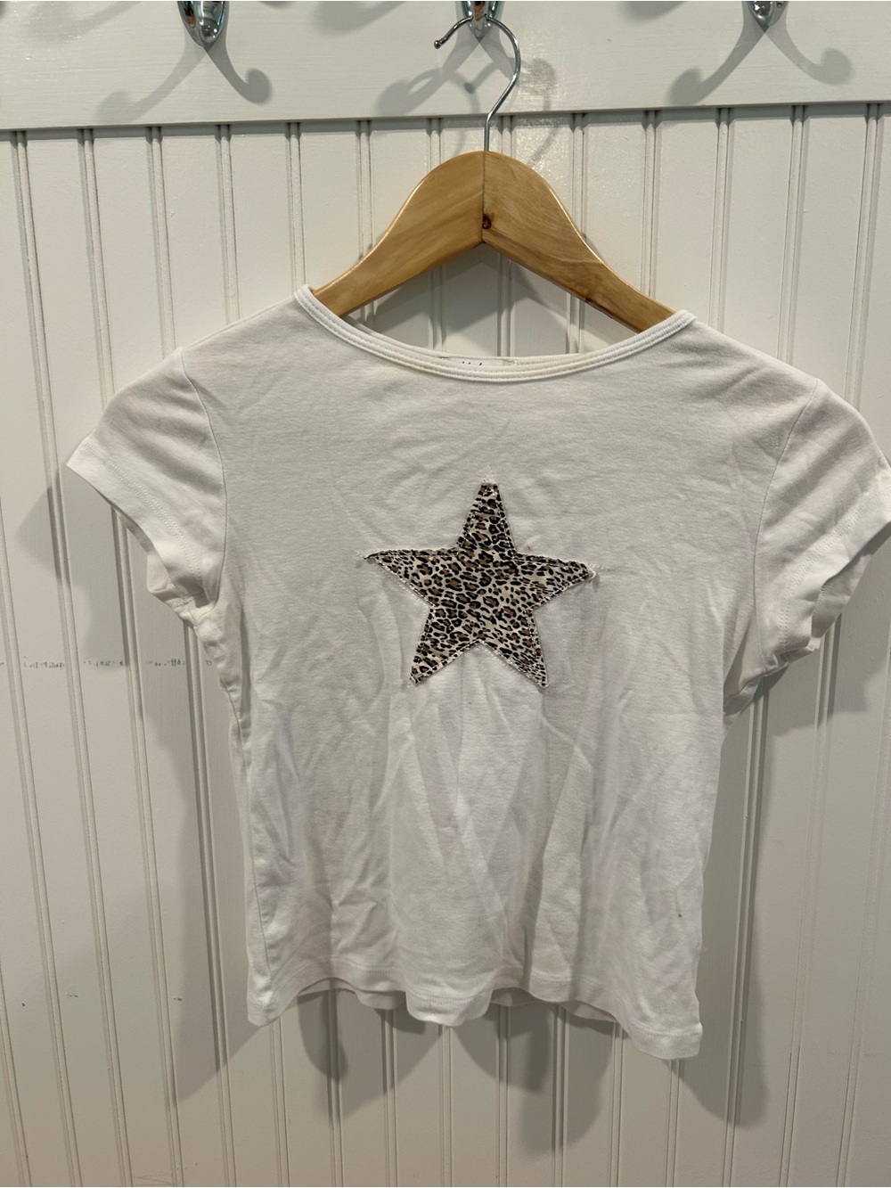 White Short-Sleeve Tee with Leopard Star Accent